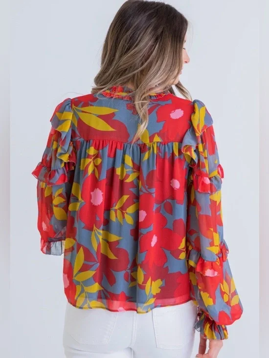 Karlie Evan Blue Ruffle Top with Red and Yellow Floral Print - Picture 5 of 9